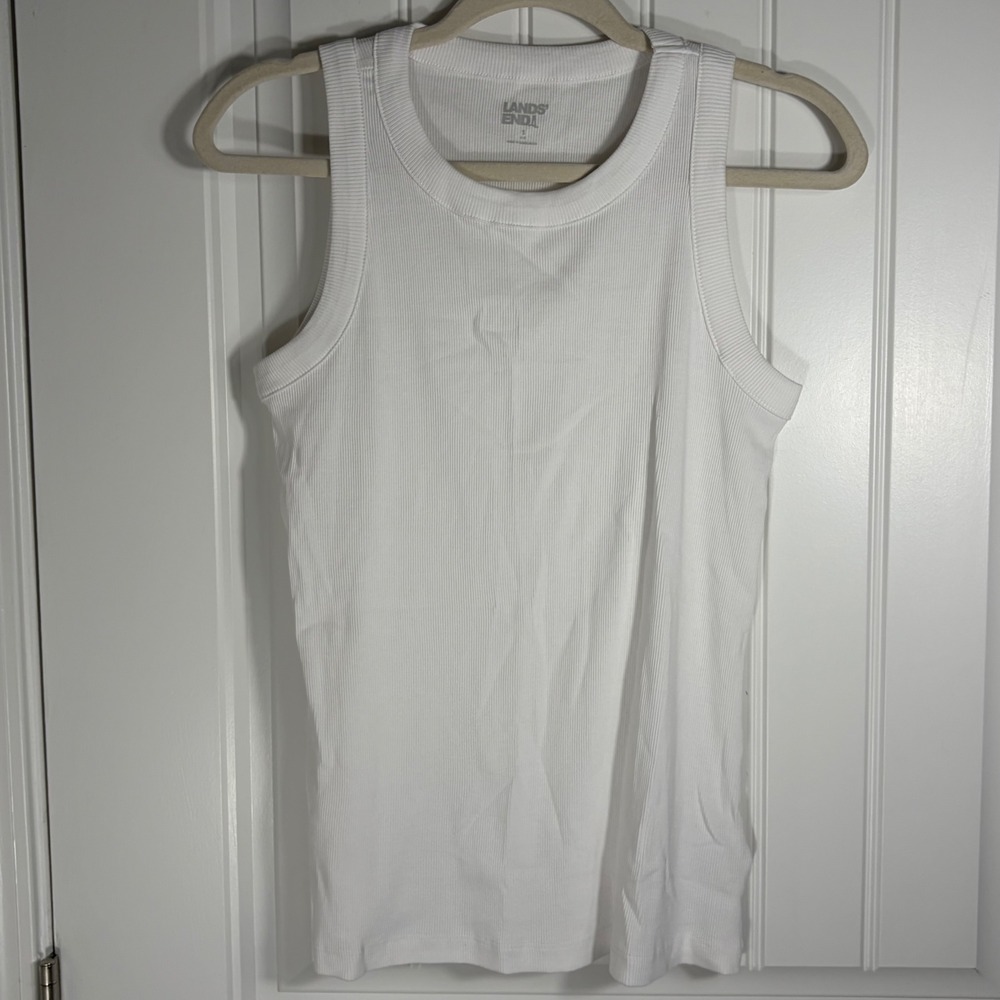 Lands End Womens White Ribbed 100% Cotton Tank Top Crew Neck Small 6-8